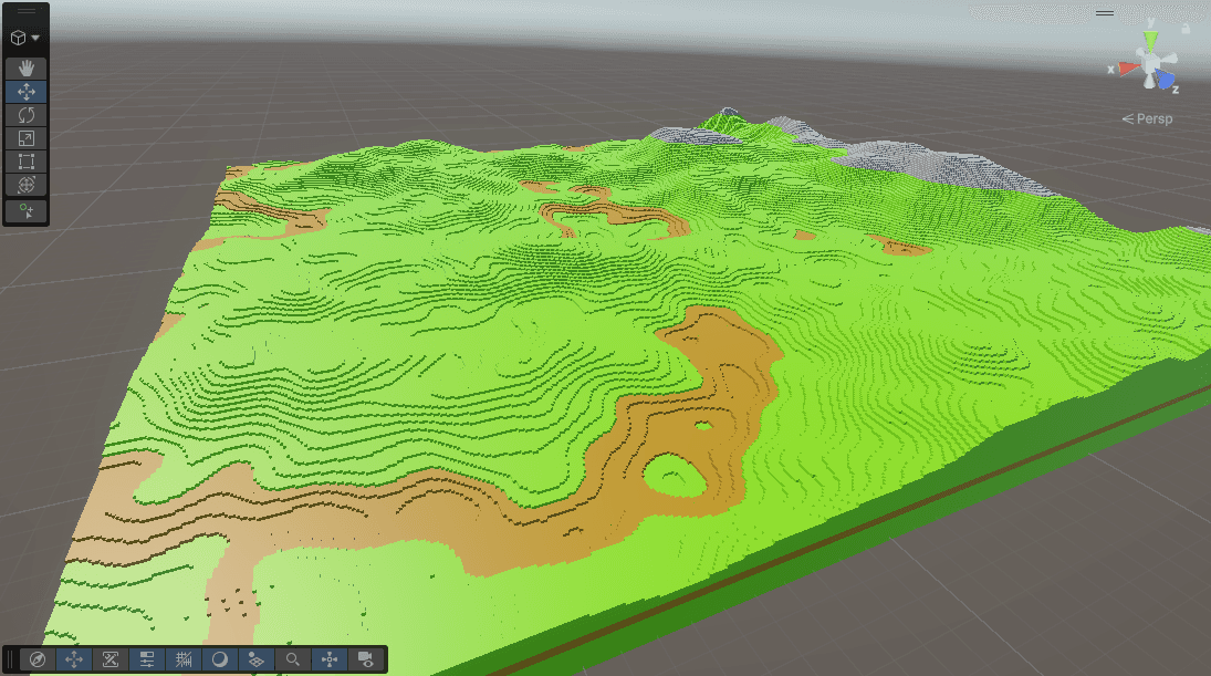 Procedurally generated voxel terrain in MystBound, with green lowlands and brown ridges