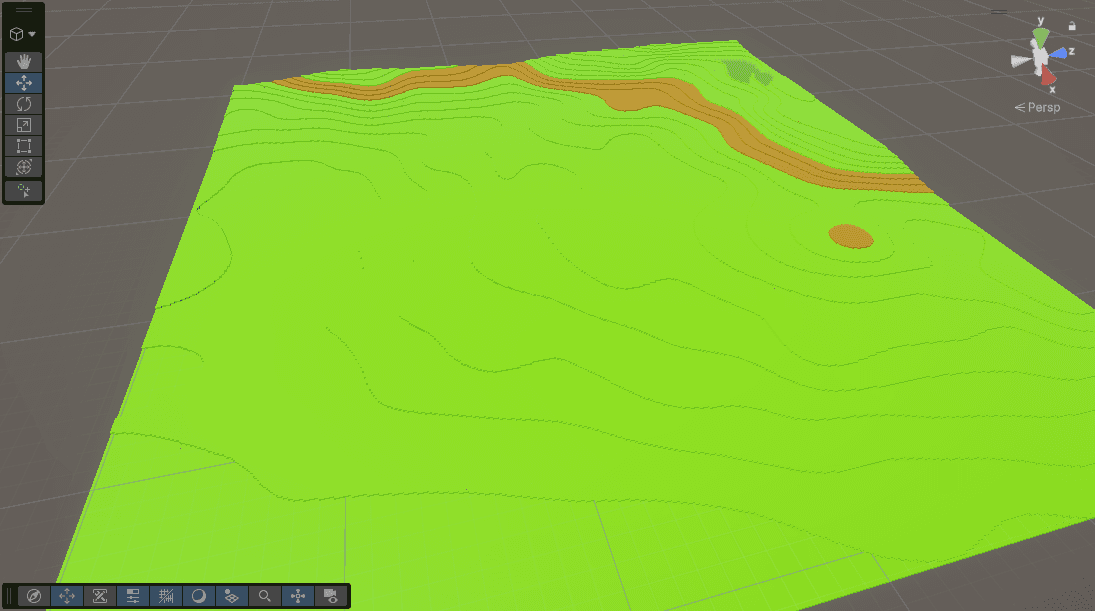 MystBound green voxel terrain with a brown ridge and contour-like banding