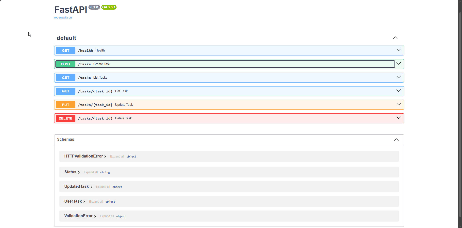 Swagger UI for the Task Tracker API showing the health check and the tasks CRUD endpoints